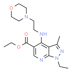 ChemSpider 2D Image | Ethyl 1-ethyl-3-methyl-4-{[2-(4-morpholinyl)ethyl]amino}-1H-pyrazolo[3,4-b]pyridine-5-carboxylate | C18H27N5O3