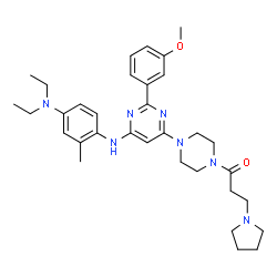 ChemSpider 2D Image | 1-{4-[6-{[4-(Diethylamino)-2-methylphenyl]amino}-2-(3-methoxyphenyl)-4-pyrimidinyl]-1-piperazinyl}-3-(1-pyrrolidinyl)-1-propanone | C33H45N7O2