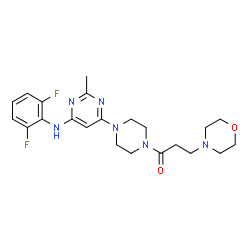 ChemSpider 2D Image | 1-(4-{6-[(2,6-Difluorophenyl)amino]-2-methyl-4-pyrimidinyl}-1-piperazinyl)-3-(4-morpholinyl)-1-propanone | C22H28F2N6O2