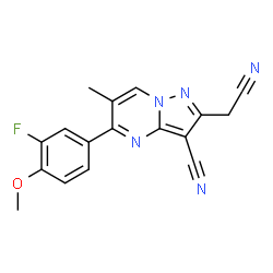 ChemSpider 2D Image | 2-(Cyanomethyl)-5-(3-fluoro-4-methoxyphenyl)-6-methylpyrazolo[1,5-a]pyrimidine-3-carbonitrile | C17H12FN5O