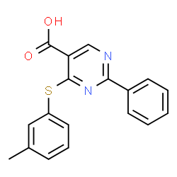 ChemSpider 2D Image | 4-[(3-methylphenyl)thio]-2-phenyl-5-pyrimidinecarboxylic acid | C18H14N2O2S