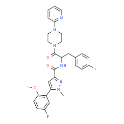 ChemSpider 2D Image | 5-(5-Fluoro-2-methoxyphenyl)-N-{3-(4-fluorophenyl)-1-oxo-1-[4-(2-pyridinyl)-1-piperazinyl]-2-propanyl}-1-methyl-1H-pyrazole-3-carboxamide | C30H30F2N6O3