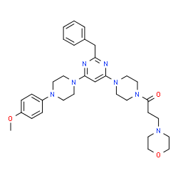 ChemSpider 2D Image | 1-(4-{2-Benzyl-6-[4-(4-methoxyphenyl)-1-piperazinyl]-4-pyrimidinyl}-1-piperazinyl)-3-(4-morpholinyl)-1-propanone | C33H43N7O3