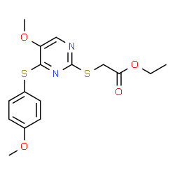 ChemSpider 2D Image | Ethyl ({5-methoxy-4-[(4-methoxyphenyl)sulfanyl]-2-pyrimidinyl}sulfanyl)acetate | C16H18N2O4S2