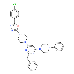 ChemSpider 2D Image | 2-Benzyl-4-{4-[5-(4-chlorophenyl)-1,3,4-oxadiazol-2-yl]-1-piperazinyl}-6-(4-phenyl-1-piperazinyl)pyrimidine | C33H33ClN8O