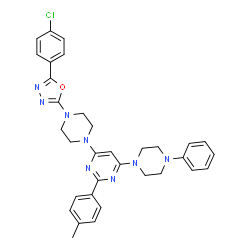 ChemSpider 2D Image | 4-{4-[5-(4-Chlorophenyl)-1,3,4-oxadiazol-2-yl]-1-piperazinyl}-2-(4-methylphenyl)-6-(4-phenyl-1-piperazinyl)pyrimidine | C33H33ClN8O
