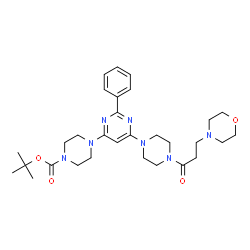 ChemSpider 2D Image | 2-Methyl-2-propanyl 4-(6-{4-[3-(4-morpholinyl)propanoyl]-1-piperazinyl}-2-phenyl-4-pyrimidinyl)-1-piperazinecarboxylate | C30H43N7O4