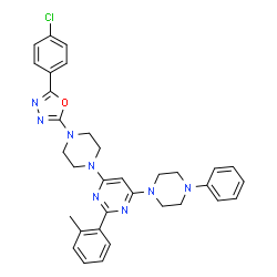 ChemSpider 2D Image | 4-{4-[5-(4-Chlorophenyl)-1,3,4-oxadiazol-2-yl]-1-piperazinyl}-2-(2-methylphenyl)-6-(4-phenyl-1-piperazinyl)pyrimidine | C33H33ClN8O