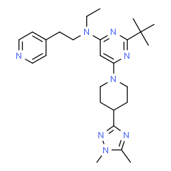 ChemSpider 2D Image | 6-[4-(1,5-Dimethyl-1H-1,2,4-triazol-3-yl)-1-piperidinyl]-N-ethyl-2-(2-methyl-2-propanyl)-N-[2-(4-pyridinyl)ethyl]-4-pyrimidinamine | C26H38N8