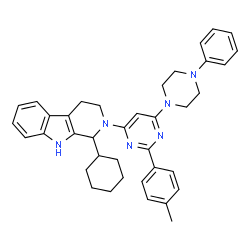 ChemSpider 2D Image | 1-Cyclohexyl-2-[2-(4-methylphenyl)-6-(4-phenyl-1-piperazinyl)-4-pyrimidinyl]-2,3,4,9-tetrahydro-1H-beta-carboline | C38H42N6