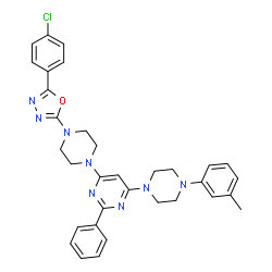 ChemSpider 2D Image | 4-{4-[5-(4-Chlorophenyl)-1,3,4-oxadiazol-2-yl]-1-piperazinyl}-6-[4-(3-methylphenyl)-1-piperazinyl]-2-phenylpyrimidine | C33H33ClN8O