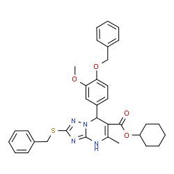 ChemSpider 2D Image | Cyclohexyl 7-[4-(benzyloxy)-3-methoxyphenyl]-2-(benzylsulfanyl)-5-methyl-1,7-dihydro[1,2,4]triazolo[1,5-a]pyrimidine-6-carboxylate | C34H36N4O4S