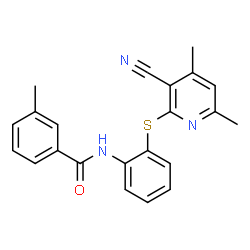 ChemSpider 2D Image | N-{2-[(3-Cyano-4,6-dimethyl-2-pyridinyl)sulfanyl]phenyl}-3-methylbenzamide | C22H19N3OS