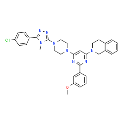 ChemSpider 2D Image | 2-[6-{4-[5-(4-Chlorophenyl)-4-methyl-4H-1,2,4-triazol-3-yl]-1-piperazinyl}-2-(3-methoxyphenyl)-4-pyrimidinyl]-1,2,3,4-tetrahydroisoquinoline | C33H33ClN8O