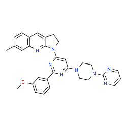 ChemSpider 2D Image | 1-{2-(3-Methoxyphenyl)-6-[4-(2-pyrimidinyl)-1-piperazinyl]-4-pyrimidinyl}-7-methyl-2,3-dihydro-1H-pyrrolo[2,3-b]quinoline | C31H30N8O