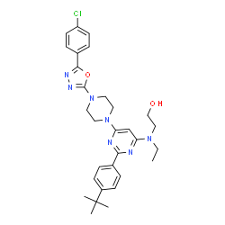 ChemSpider 2D Image | 2-[(6-{4-[5-(4-Chlorophenyl)-1,3,4-oxadiazol-2-yl]-1-piperazinyl}-2-[4-(2-methyl-2-propanyl)phenyl]-4-pyrimidinyl)(ethyl)amino]ethanol | C30H36ClN7O2