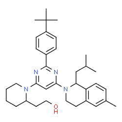 ChemSpider 2D Image | 2-(1-{6-(1-Isobutyl-6-methyl-3,4-dihydro-2(1H)-isoquinolinyl)-2-[4-(2-methyl-2-propanyl)phenyl]-4-pyrimidinyl}-2-piperidinyl)ethanol | C35H48N4O