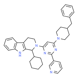 ChemSpider 2D Image | 2-[6-(4-Benzyl-1-piperidinyl)-2-(3-pyridinyl)-4-pyrimidinyl]-1-cyclohexyl-2,3,4,9-tetrahydro-1H-beta-carboline | C38H42N6