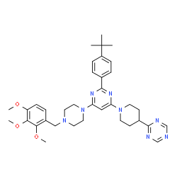 ChemSpider 2D Image | 2-(1-{2-[4-(2-Methyl-2-propanyl)phenyl]-6-[4-(2,3,4-trimethoxybenzyl)-1-piperazinyl]-4-pyrimidinyl}-4-piperidinyl)-1,3,5-triazine | C36H46N8O3