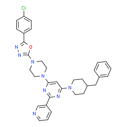 ChemSpider 2D Image | 4-(4-Benzyl-1-piperidinyl)-6-{4-[5-(4-chlorophenyl)-1,3,4-oxadiazol-2-yl]-1-piperazinyl}-2-(3-pyridinyl)pyrimidine | C33H33ClN8O