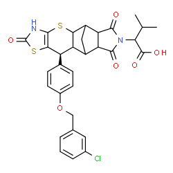 ChemSpider 2D Image | 2-[(9S)-9-{4-[(3-Chlorobenzyl)oxy]phenyl}-6,13,15-trioxo-3,7-dithia-5,14-diazapentacyclo[9.5.1.0~2,10~.0~4,8~.0~12,16~]heptadec-4(8)-en-14-yl]-3-methylbutanoic acid | C31H29ClN2O6S2