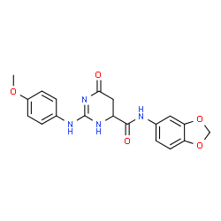 ChemSpider 2D Image | 4-pyrimidinecarboxamide, N-1,3-benzodioxol-5-yl-1,4,5,6-tetrahydro-2-[(4-methoxyphenyl)amino]-6-oxo- | C19H18N4O5