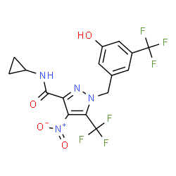 ChemSpider 2D Image | N-Cyclopropyl-1-[3-hydroxy-5-(trifluoromethyl)benzyl]-4-nitro-5-(trifluoromethyl)-1H-pyrazole-3-carboxamide | C16H12F6N4O4