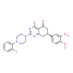 ChemSpider 2D Image | 7-(3,4-Dimethoxyphenyl)-2-[4-(2-fluorophenyl)-1-piperazinyl]-4-methyl-7,8-dihydro-5(6H)-quinazolinone | C27H29FN4O3