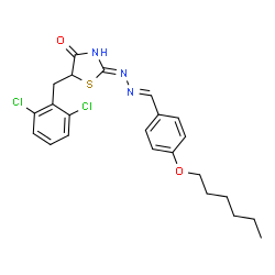 ChemSpider 2D Image | 5-(2,6-Dichlorobenzyl)-2-{(2E)-2-[4-(hexyloxy)benzylidene]hydrazino}-1,3-thiazol-4(5H)-one | C23H25Cl2N3O2S
