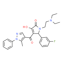 ChemSpider 2D Image | 1-[2-(Diethylamino)ethyl]-5-(3-fluorophenyl)-3-hydroxy-4-[(5-methyl-1-phenyl-1H-pyrazol-4-yl)carbonyl]-1,5-dihydro-2H-pyrrol-2-one | C27H29FN4O3