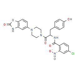 ChemSpider 2D Image | 4-Chloro-N-{3-(4-hydroxyphenyl)-1-oxo-1-[4-(2-oxo-2,3-dihydro-1,3-benzoxazol-5-yl)-1-piperazinyl]-2-propanyl}-2-nitrobenzamide | C27H24ClN5O7