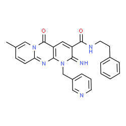ChemSpider 2D Image | 2-Imino-8-methyl-5-oxo-N-(2-phenylethyl)-1-(3-pyridinylmethyl)-1,5-dihydro-2H-dipyrido[1,2-a:2',3'-d]pyrimidine-3-carboxamide | C27H24N6O2