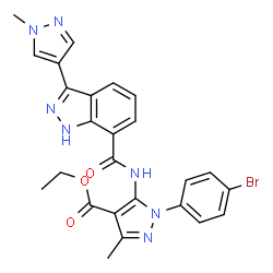 ChemSpider 2D Image | Ethyl 1-(4-bromophenyl)-3-methyl-5-({[3-(1-methyl-1H-pyrazol-4-yl)-1H-indazol-7-yl]carbonyl}amino)-1H-pyrazole-4-carboxylate | C25H22BrN7O3