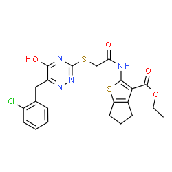 ChemSpider 2D Image | Ethyl 2-[({[6-(2-chlorobenzyl)-5-hydroxy-1,2,4-triazin-3-yl]sulfanyl}acetyl)amino]-5,6-dihydro-4H-cyclopenta[b]thiophene-3-carboxylate | C22H21ClN4O4S2