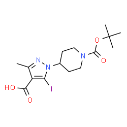 ChemSpider 2D Image | 5-Iodo-3-methyl-1-(1-{[(2-methyl-2-propanyl)oxy]carbonyl}-4-piperidinyl)-1H-pyrazole-4-carboxylic acid | C15H22IN3O4