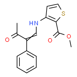 ChemSpider 2D Image | Methyl 3-[(3-oxo-2-phenyl-1-buten-1-yl)amino]-2-thiophenecarboxylate | C16H15NO3S