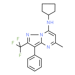 ChemSpider 2D Image | N-Cyclopentyl-5-methyl-3-phenyl-2-(trifluoromethyl)pyrazolo[1,5-a]pyrimidin-7-amine | C19H19F3N4