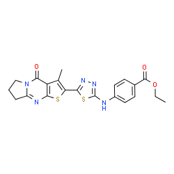 ChemSpider 2D Image | Ethyl 4-{[5-(3-methyl-4-oxo-4,6,7,8-tetrahydropyrrolo[1,2-a]thieno[2,3-d]pyrimidin-2-yl)-1,3,4-thiadiazol-2-yl]amino}benzoate | C21H19N5O3S2