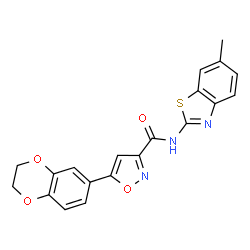 ChemSpider 2D Image | 5-(2,3-Dihydro-1,4-benzodioxin-6-yl)-N-(6-methyl-1,3-benzothiazol-2-yl)-1,2-oxazole-3-carboxamide | C20H15N3O4S
