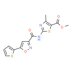 ChemSpider 2D Image | Methyl 4-methyl-2-({[5-(2-thienyl)-1,2-oxazol-3-yl]carbonyl}amino)-1,3-thiazole-5-carboxylate | C14H11N3O4S2