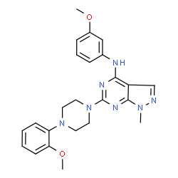 ChemSpider 2D Image | 1H-pyrazolo[3,4-d]pyrimidin-4-amine, N-(3-methoxyphenyl)-6-[4-(2-methoxyphenyl)-1-piperazinyl]-1-methyl- | C24H27N7O2