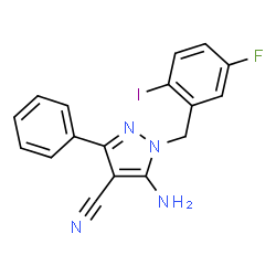 ChemSpider 2D Image | 5-Amino-1-(5-fluoro-2-iodobenzyl)-3-phenyl-1H-pyrazole-4-carbonitrile | C17H12FIN4