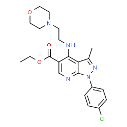ChemSpider 2D Image | Ethyl 1-(4-chlorophenyl)-3-methyl-4-{[2-(4-morpholinyl)ethyl]amino}-1H-pyrazolo[3,4-b]pyridine-5-carboxylate | C22H26ClN5O3