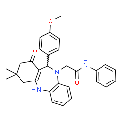ChemSpider 2D Image | 2-[11-(4-Methoxyphenyl)-3,3-dimethyl-1-oxo-1,2,3,4,5,11-hexahydro-10H-dibenzo[b,e][1,4]diazepin-10-yl]-N-phenylacetamide | C30H31N3O3