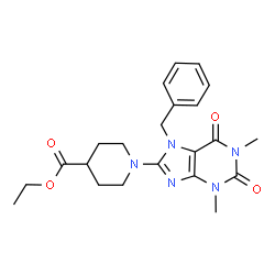 ChemSpider 2D Image | Ethyl 1-(7-benzyl-1,3-dimethyl-2,6-dioxo-2,3,6,7-tetrahydro-1H-purin-8-yl)-4-piperidinecarboxylate | C22H27N5O4