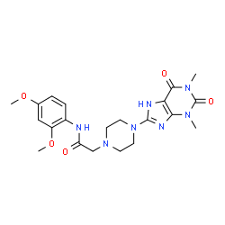 ChemSpider 2D Image | 2-[4-(1,3-dimethyl-2,6-dioxo-2,3,6,7-tetrahydro-1H-purin-8-yl)piperazin-1-yl]-N-(2,4-dimethoxyphenyl)acetamide | C21H27N7O5