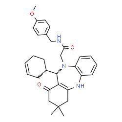 ChemSpider 2D Image | 2-[11-(3-Cyclohexen-1-yl)-3,3-dimethyl-1-oxo-1,2,3,4,5,11-hexahydro-10H-dibenzo[b,e][1,4]diazepin-10-yl]-N-(4-methoxybenzyl)acetamide | C31H37N3O3