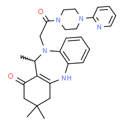 ChemSpider 2D Image | 3,3,11-Trimethyl-10-{2-oxo-2-[4-(2-pyridinyl)-1-piperazinyl]ethyl}-2,3,4,5,10,11-hexahydro-1H-dibenzo[b,e][1,4]diazepin-1-one | C27H33N5O2