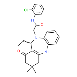 ChemSpider 2D Image | N-(2-Chlorophenyl)-2-(11-ethyl-3,3-dimethyl-1-oxo-1,2,3,4,5,11-hexahydro-10H-dibenzo[b,e][1,4]diazepin-10-yl)acetamide | C25H28ClN3O2