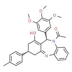 ChemSpider 2D Image | 1-[1-Hydroxy-3-(4-methylphenyl)-11-(3,4,5-trimethoxyphenyl)-2,3,4,11-tetrahydro-10H-dibenzo[b,e][1,4]diazepin-10-yl]ethanone | C31H32N2O5